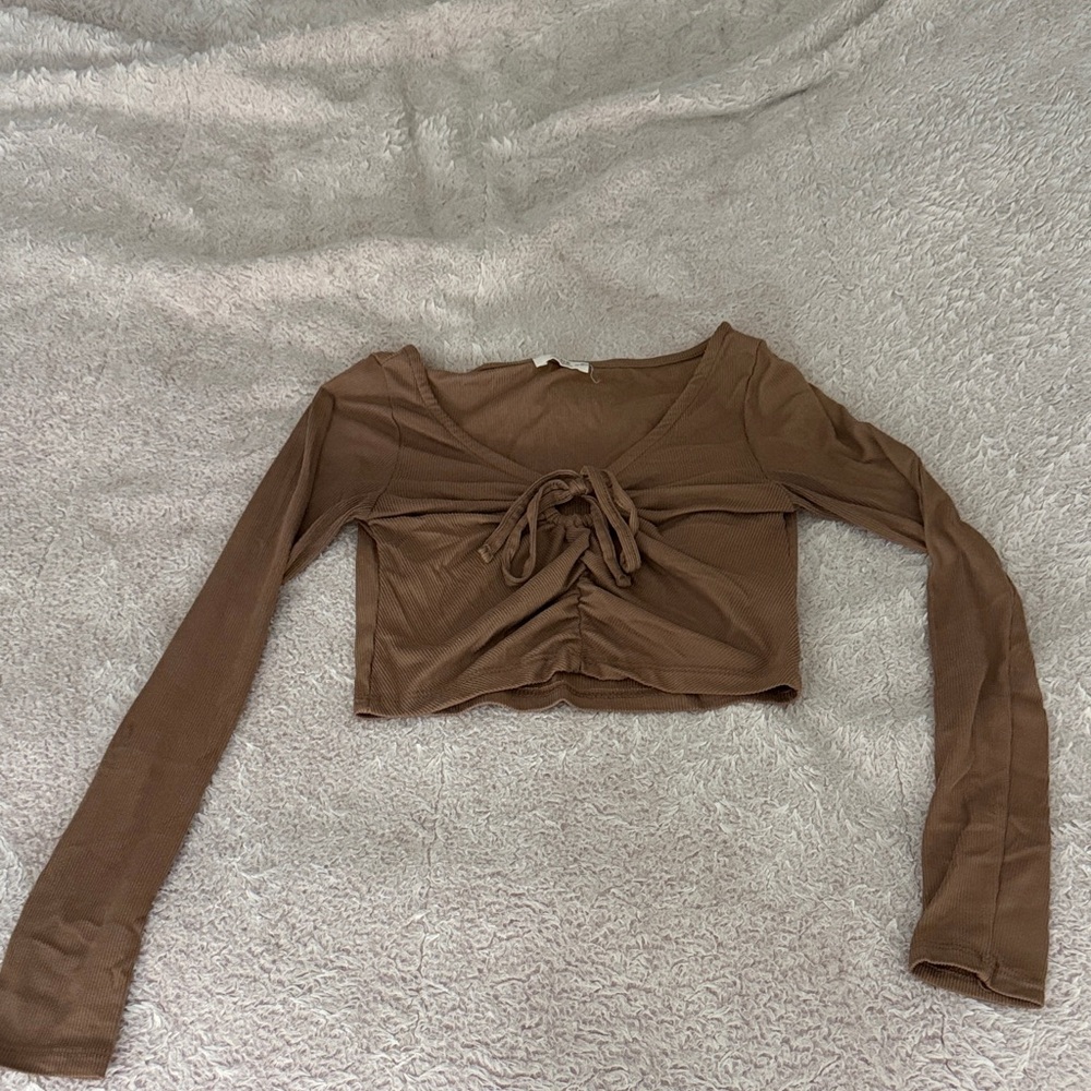 Brown Long Sleeve Ribbed Crop Top